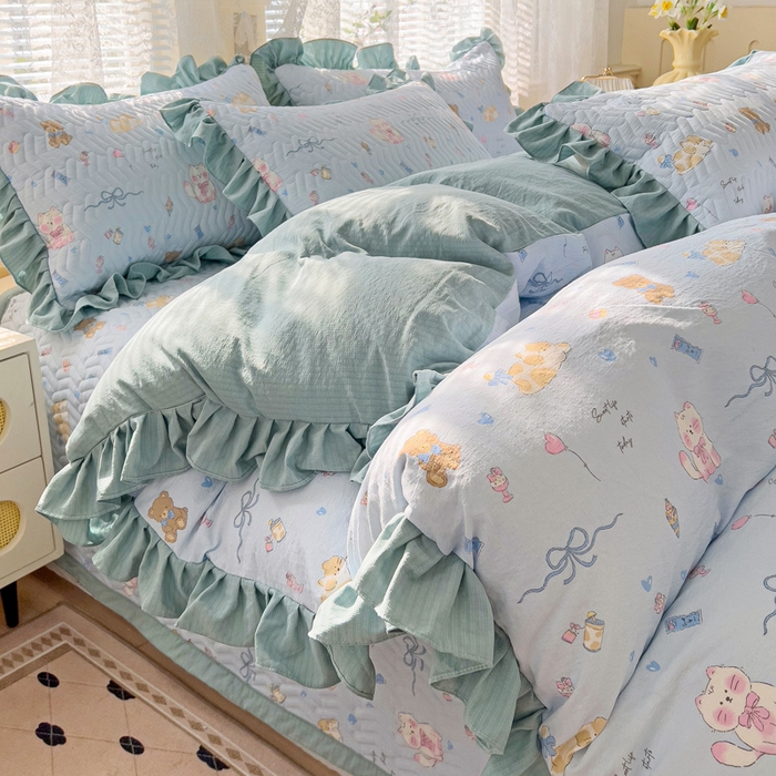 91家纺网 家纺一手货源 找家纺 纽缦家纺2025新款云感提花双层纱床盖韩版四件套 小猫时光蓝