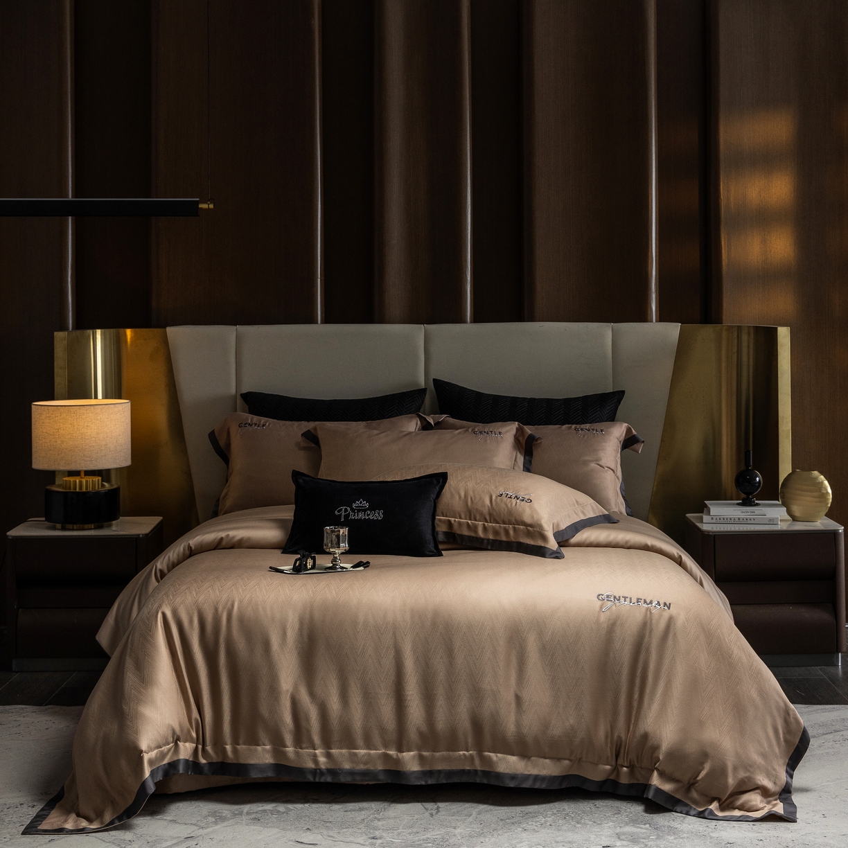 91家纺网 家纺一手货源 找家纺 时亿家居 2025新款80天丝提花床盖款四件套-晓雅系列 晓雅 咖