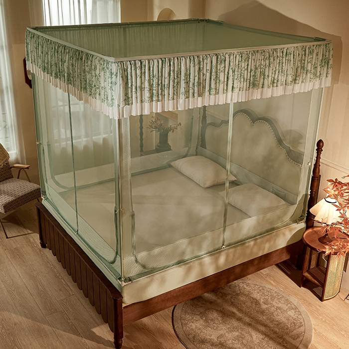 91家纺网 家纺一手货源 找家纺 青竹苑2025新款花边款床笠底防摔坐床蚊帐-伊甸园 伊甸园-瓦松绿