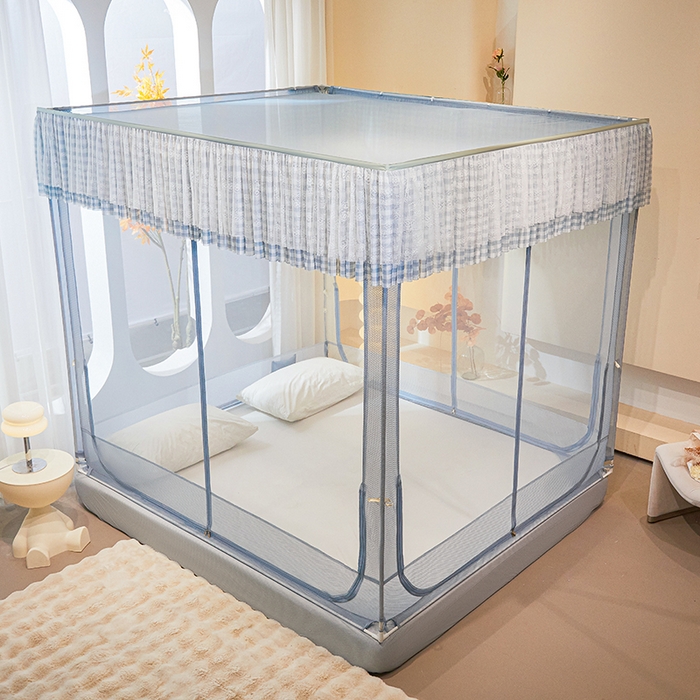 91家纺网 家纺一手货源 找家纺 青竹苑2025新款花边款床笠底防摔坐床蚊帐-格格巫 格格巫-蓝灰