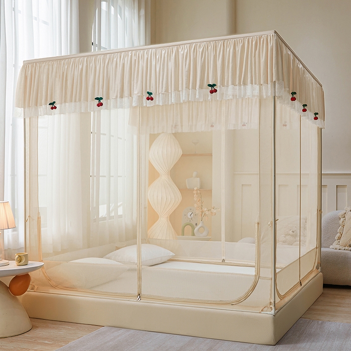 91家纺网 家纺一手货源 找家纺 青竹苑2025新款花边款床笠底防摔坐床蚊帐-樱桃 樱桃-米杏