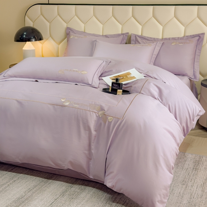 91家纺网 家纺一手货源 找家纺 U品汇  2025新款纯棉全棉长绒棉刺绣绣花高端礼盒四件套-叶夕 花晨叶夕-雪青