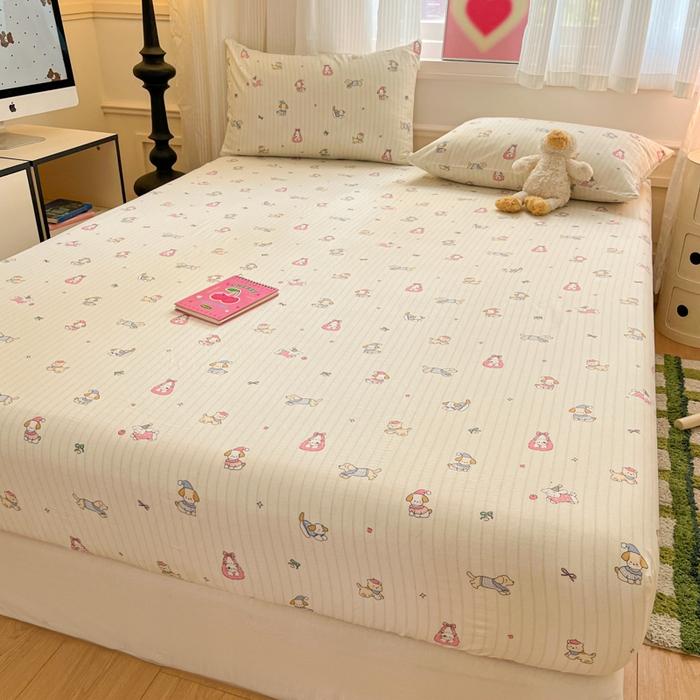 91家纺网 家纺一手货源 找家纺 博雅 2025新款全棉A类双层纱床笠 哈哈狗