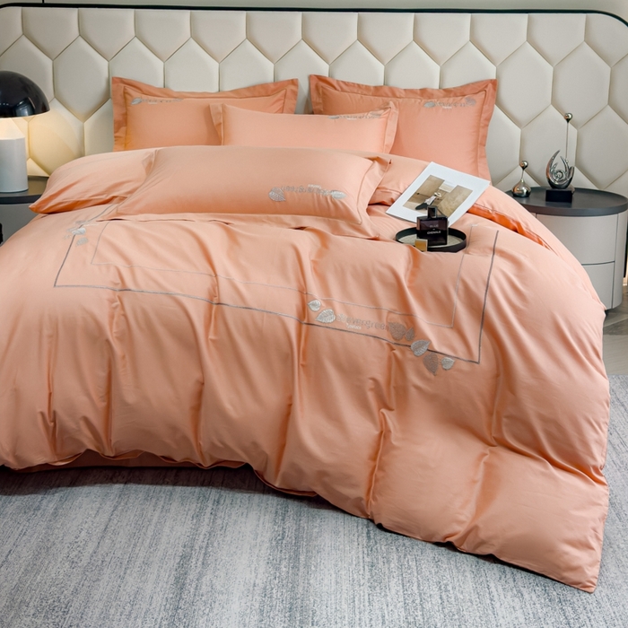 91家纺网 家纺一手货源 找家纺 U品汇  2025新款纯棉全棉长绒棉刺绣绣花高端礼盒四件套-叶夕 花晨叶夕-西柚色