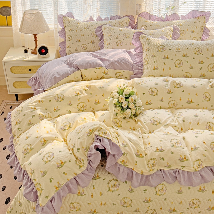 91家纺网 家纺一手货源 找家纺 纽缦家纺2025新款云感提花双层纱床盖韩版四件套 兔子的欢喜