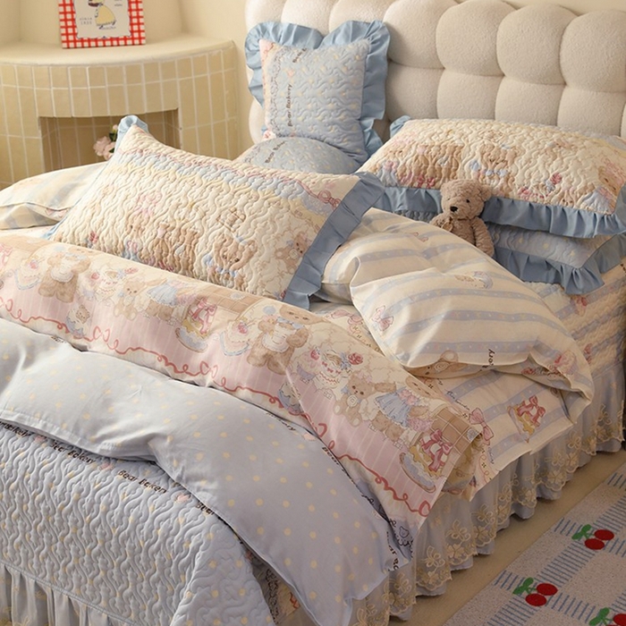 91家纺网 家纺一手货源 找家纺 美达家纺2025新款全棉蕾丝边单床盖四件套 熊仔派对