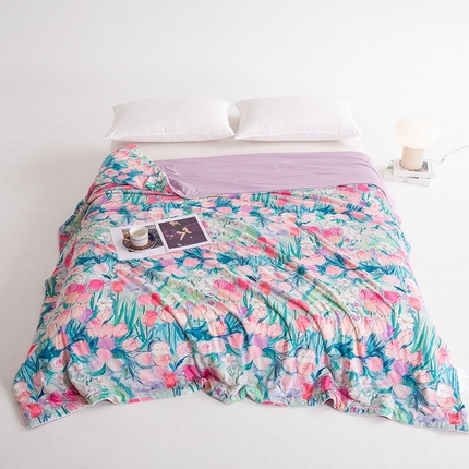 睡棉坊2025新款数码印花高克重凉感丝夏凉被呱呱被10%大豆纤维填充带质检报告 郁情粉