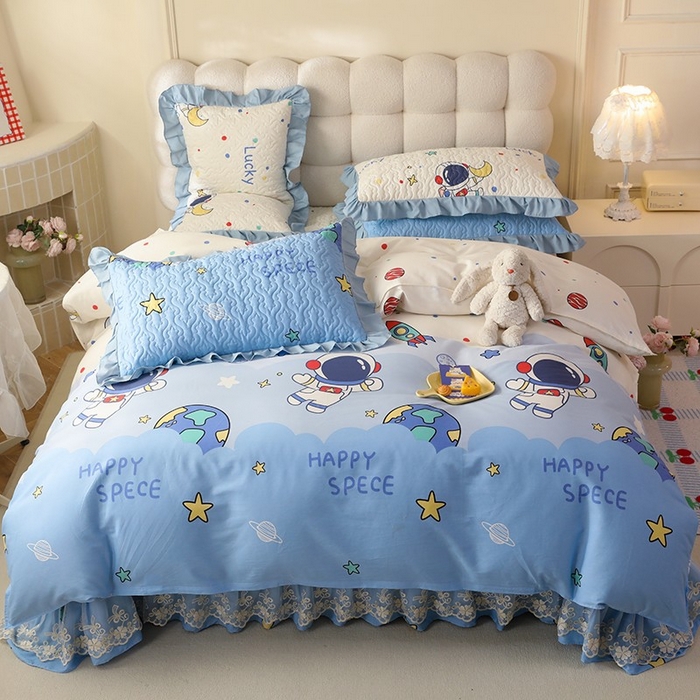 91家纺网 家纺一手货源 找家纺 美达家纺2025新款全棉蕾丝边单床盖四件套 太空卫士