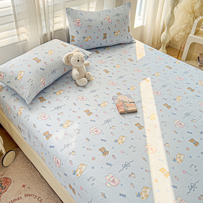 91家纺网 家纺一手货源 找家纺 纽缦家纺 2025新款云感提花双层纱床笠 小猫时光蓝