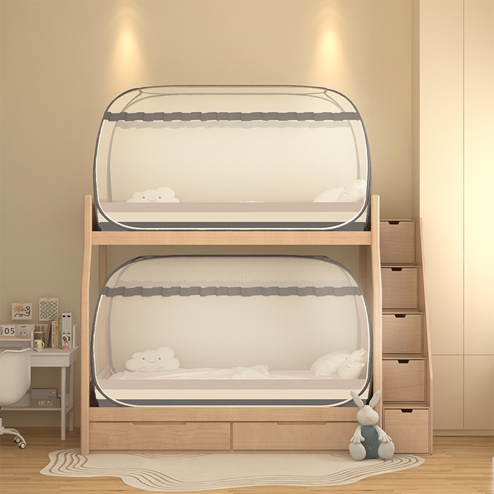 91家纺网 家纺一手货源 找家纺 青竹苑2025新款大顶学生蒙古包子母床魔术蚊帐 条纹灰单门