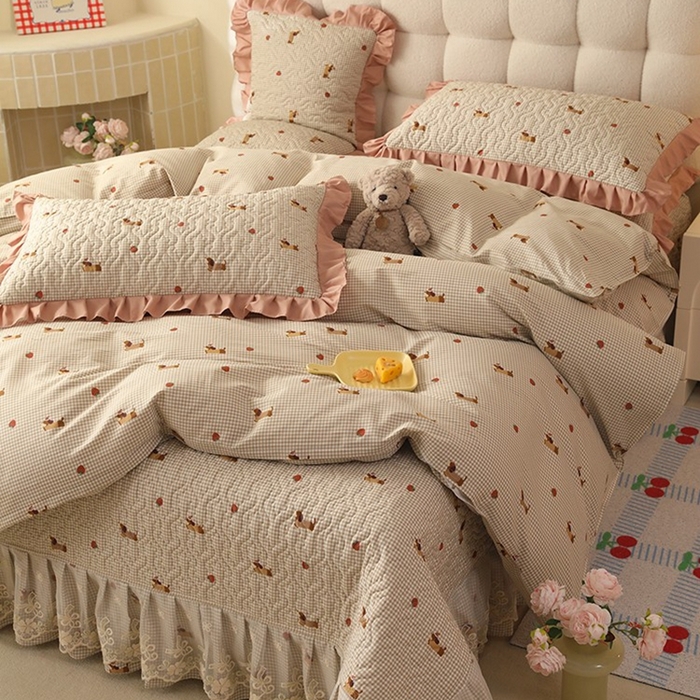 91家纺网 家纺一手货源 找家纺 美达家纺2025新款全棉蕾丝边单床盖四件套 快乐追梦