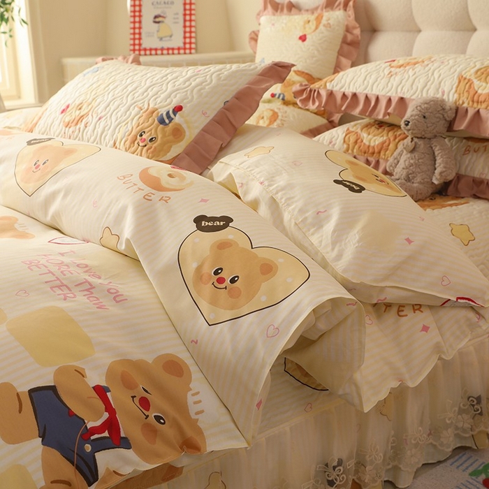 91家纺网 家纺一手货源 找家纺 美达家纺2025新款全棉蕾丝边单床盖四件套 黄油小熊