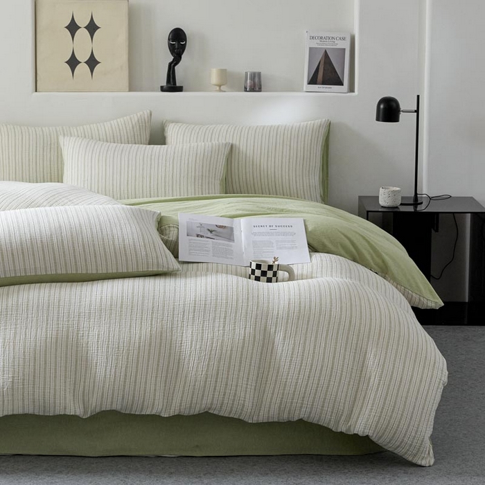 91家纺网 家纺一手货源 找家纺 AB家纺 2025新款三层款皱皱纱条纹四件套 小半-浅绿