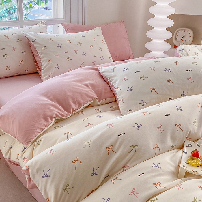 91家纺网 家纺一手货源 找家纺 富缦庭2025新款A类针织双层纱四件套彩色蝴蝶结