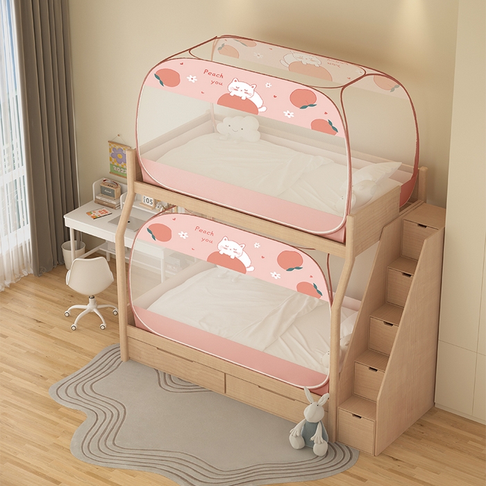 91家纺网 家纺一手货源 找家纺 青竹苑2025新款大顶学生蒙古包子母床魔术蚊帐 蜜桃猫