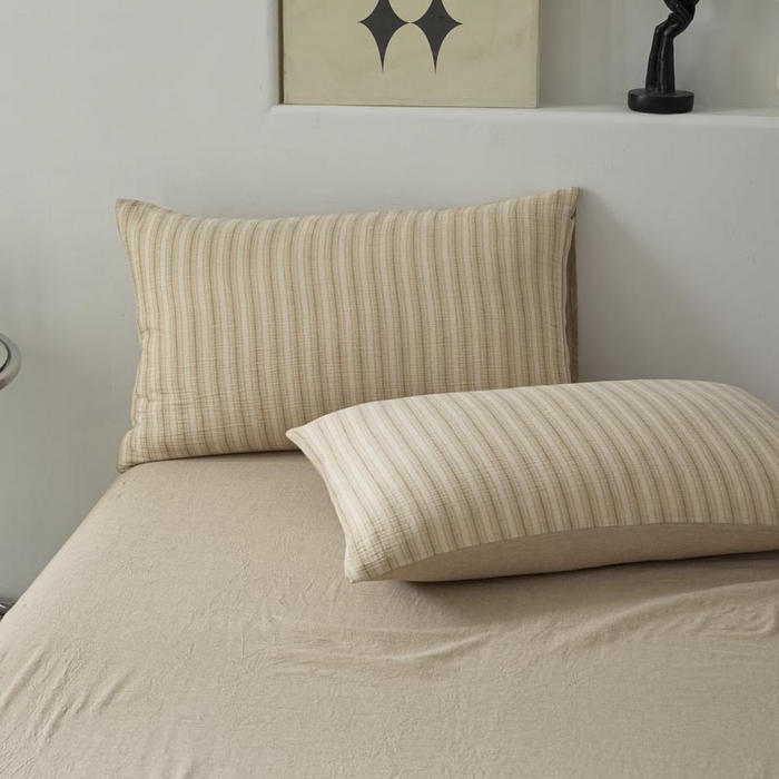 91家纺网 家纺一手货源 找家纺 AB家纺 2025新款三层款皱皱纱条纹四件套 小半-奶茶棕