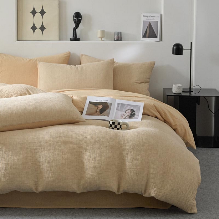 91家纺网 家纺一手货源 找家纺 AB家纺 2025新款三层款皱皱纱条纹四件套 小半-桔黄