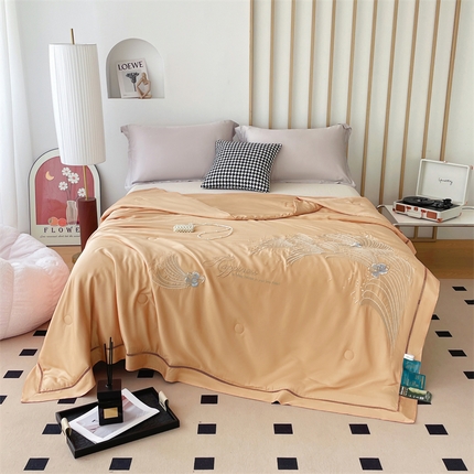 优姿家纺 2025新款60S莱赛尔绣花镂空夏被 橘色1