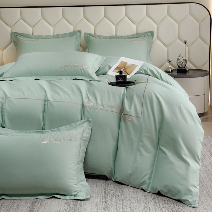 91家纺网 家纺一手货源 找家纺 U品汇  2025新款纯棉全棉长绒棉刺绣绣花高端礼盒四件套-叶夕 花晨叶夕-冰川绿