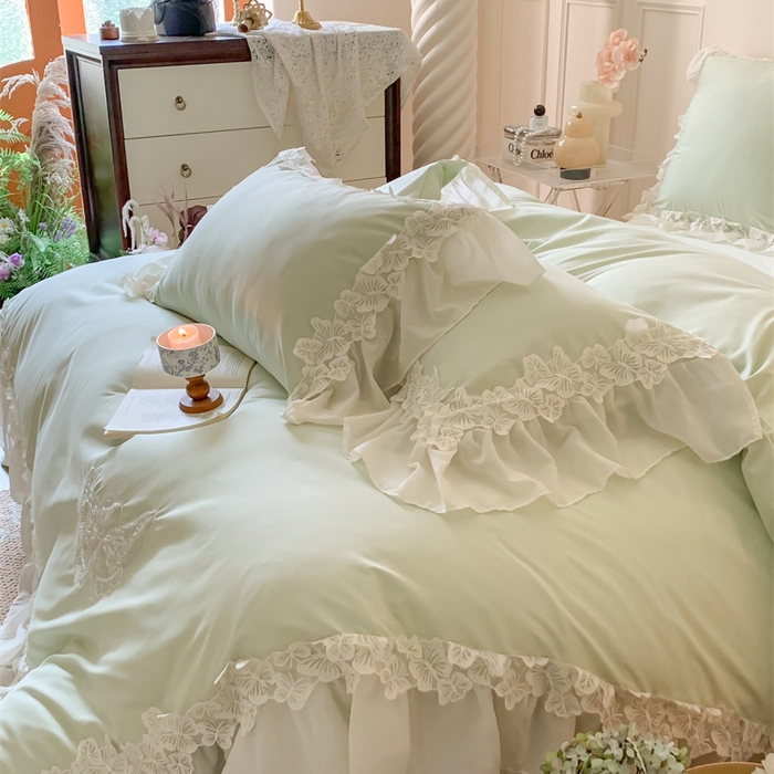 91家纺网 家纺一手货源 找家纺 吾欢心2025新款糯小棉立体蝴蝶花边套件-蝶恋花系列 蝶恋花绿