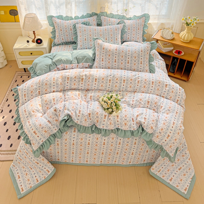 91家纺网 家纺一手货源 找家纺 纽缦家纺2025新款云感提花双层纱床盖韩版四件套 他和她的兔