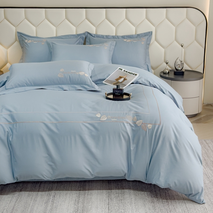 91家纺网 家纺一手货源 找家纺 U品汇  2025新款纯棉全棉长绒棉刺绣绣花高端礼盒四件套-叶夕 花晨叶夕-云水蓝