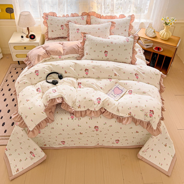 91家纺网 家纺一手货源 找家纺 纽缦家纺2025新款云感提花双层纱床盖韩版四件套 蜜糖之恋