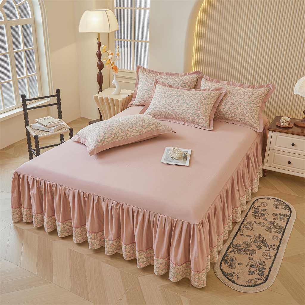 91家纺网 家纺一手货源 找家纺 缦彩 【加微信送买家秀】2025年纯棉母婴级双层纱双拼公主风床裙 紫檀玫瑰