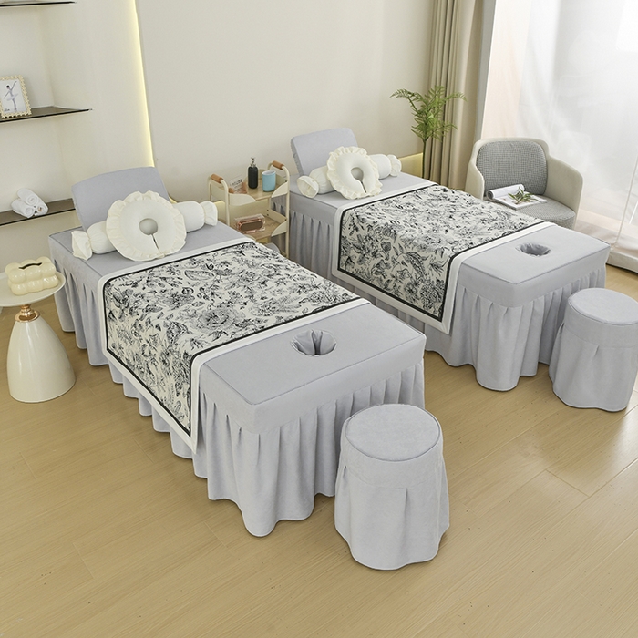 91家纺网 家纺一手货源 找家纺 不打烊家纺 2025新款贡缎绣花熊猫系列美容床罩 卡其色拼灰色