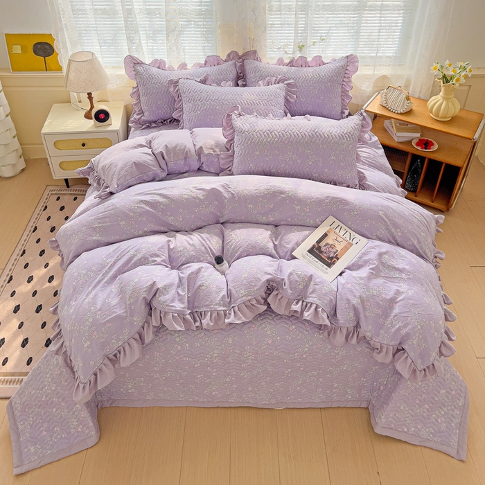 91家纺网 家纺一手货源 找家纺 纽缦家纺2025新款云感提花双层纱床盖韩版四件套 恋如青柠香