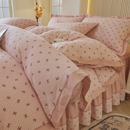 缦彩 【加微信送买家秀】2025新款母婴级双层纱宽边床裙四件套 竹生空野