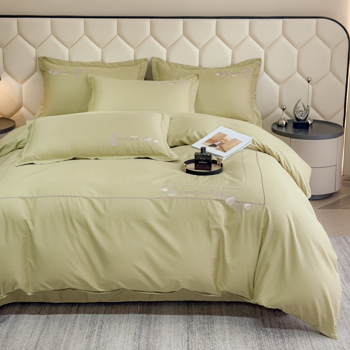 91家纺网 家纺一手货源 找家纺 U品汇  2025新款纯棉全棉长绒棉刺绣绣花高端礼盒四件套-叶夕 花晨叶夕-浅豆绿