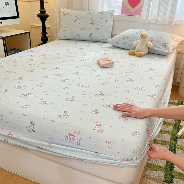 91家纺网 家纺一手货源 找家纺 博雅 2025新款全棉A类双层纱床笠 晚安猫