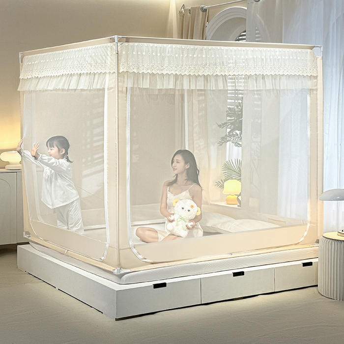 91家纺网 家纺一手货源 找家纺 青竹苑2025新款花边款床笠底防摔坐床蚊帐-铃兰花开 铃兰花开-米色