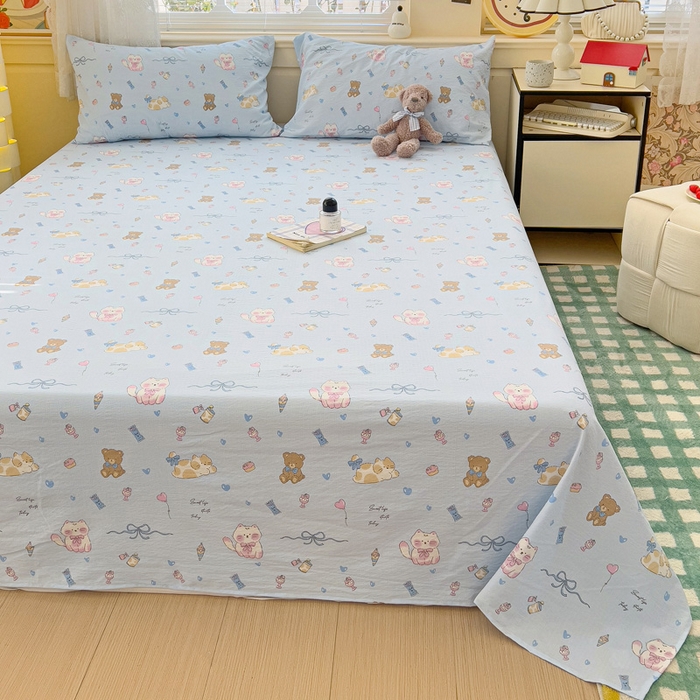 91家纺网 家纺一手货源 找家纺 纽缦家纺 2025新款云感提花双层纱床单 小猫时光蓝