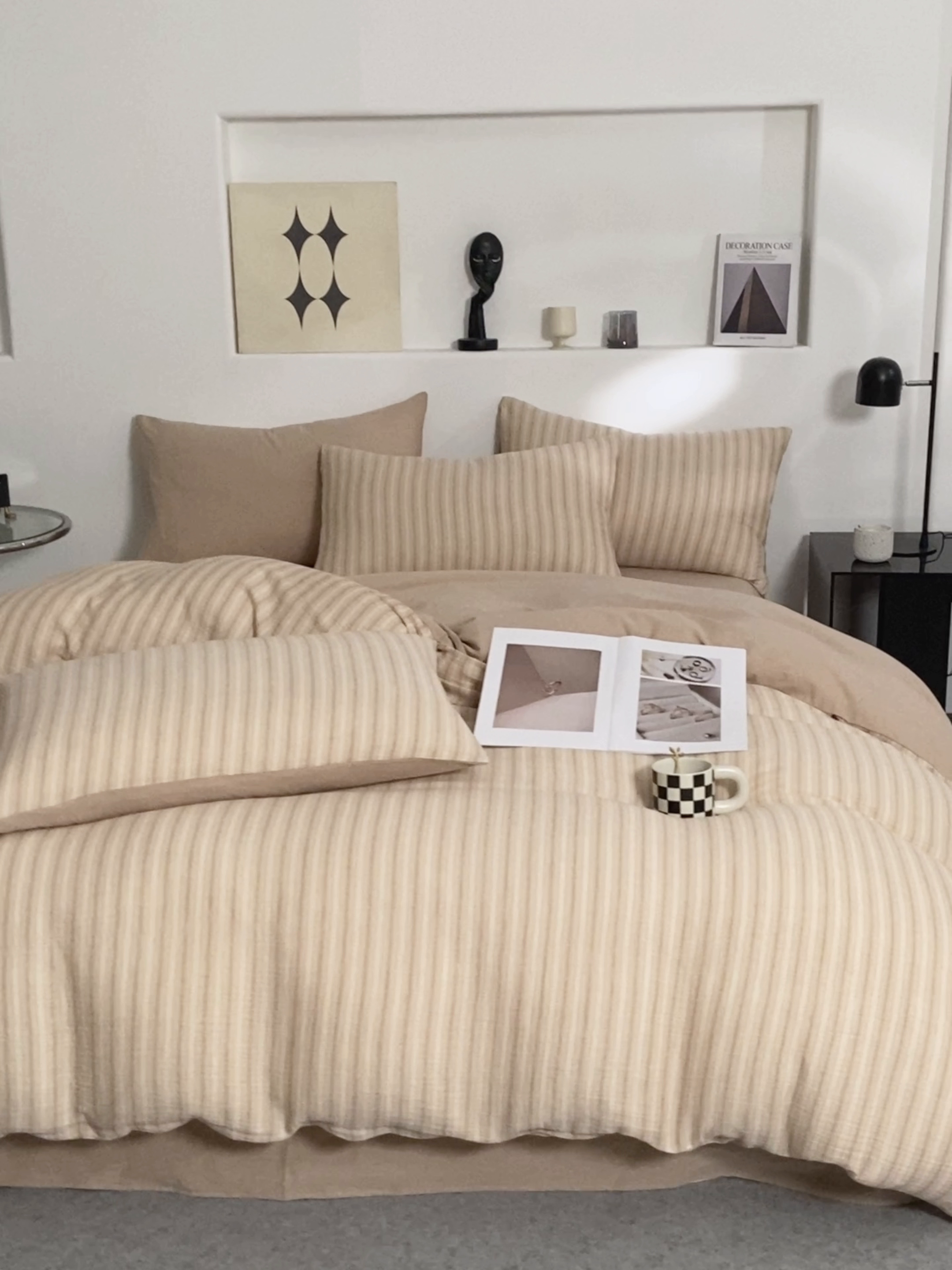 91家纺网 家纺一手货源 找家纺 AB家纺 2025新款三层款皱皱纱条纹四件套 小半-松果褐