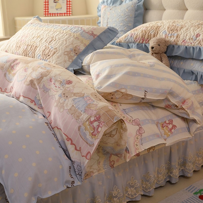 91家纺网 家纺一手货源 找家纺 美达家纺2025新款全棉蕾丝边单床盖四件套 熊仔派对