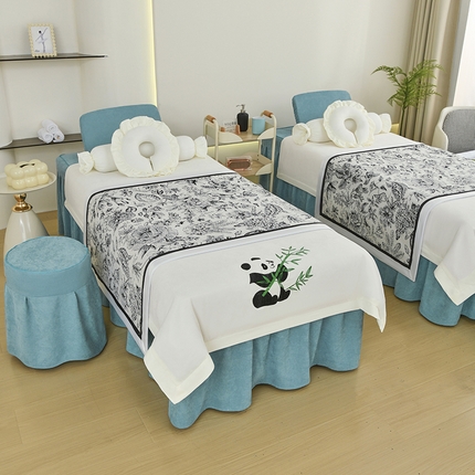 不打烊家纺 2025新款贡缎绣花熊猫系列美容床罩 米白色拼绿色