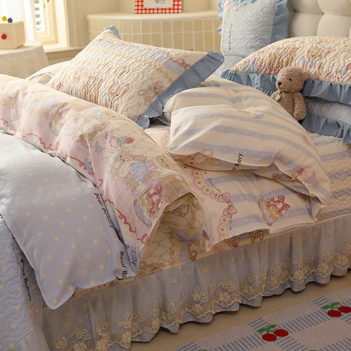 91家纺网 家纺一手货源 找家纺 美达家纺2025新款全棉蕾丝边单床盖四件套 熊仔派对