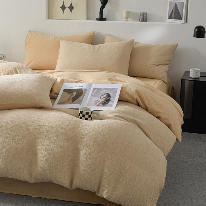 91家纺网 家纺一手货源 找家纺 AB家纺 2025新款三层款皱皱纱条纹四件套 小半-桔黄