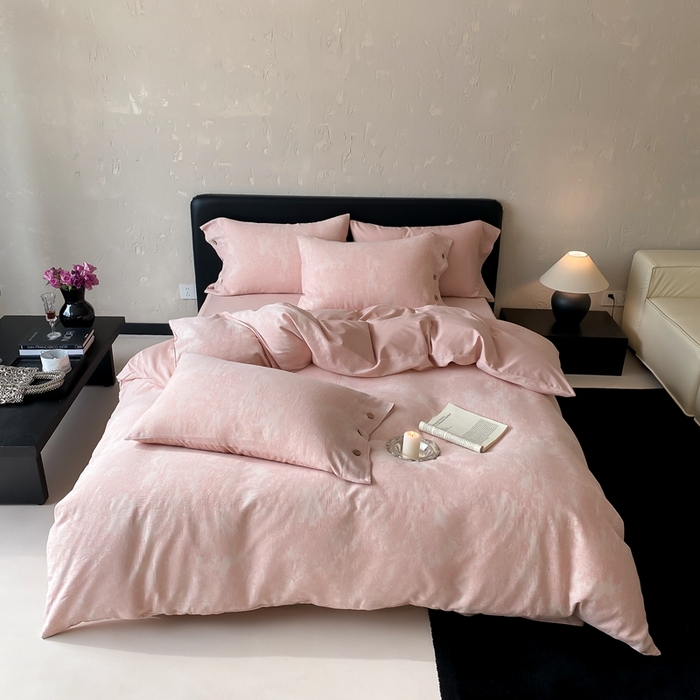 91家纺网 家纺一手货源 找家纺 旷野 2025新款全棉色织提花四件套 雾凇-粉