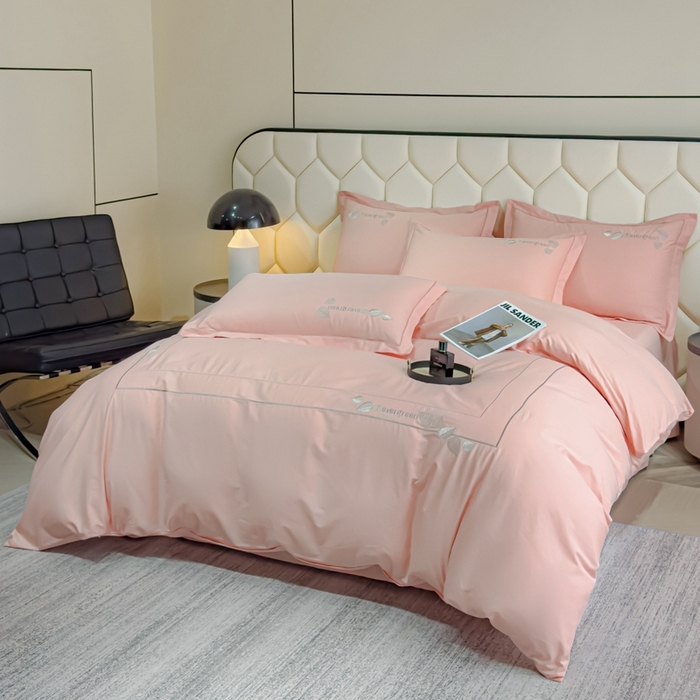 91家纺网 家纺一手货源 找家纺 U品汇  2025新款纯棉全棉长绒棉刺绣绣花高端礼盒四件套-叶夕 花晨叶夕-藕荷色