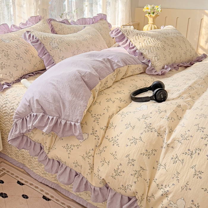 91家纺网 家纺一手货源 找家纺 纽缦家纺2025新款云感提花双层纱床盖韩版四件套 森田野园