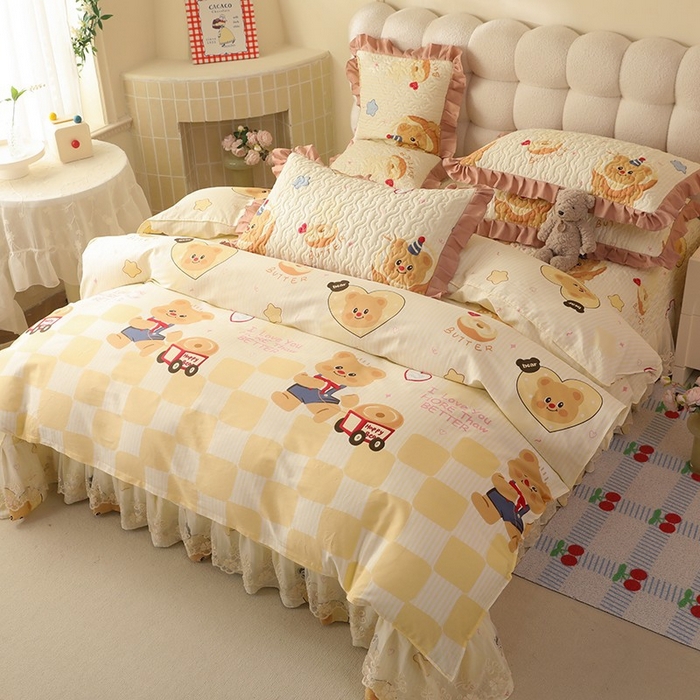 91家纺网 家纺一手货源 找家纺 美达家纺2025新款全棉蕾丝边单床盖四件套 黄油小熊