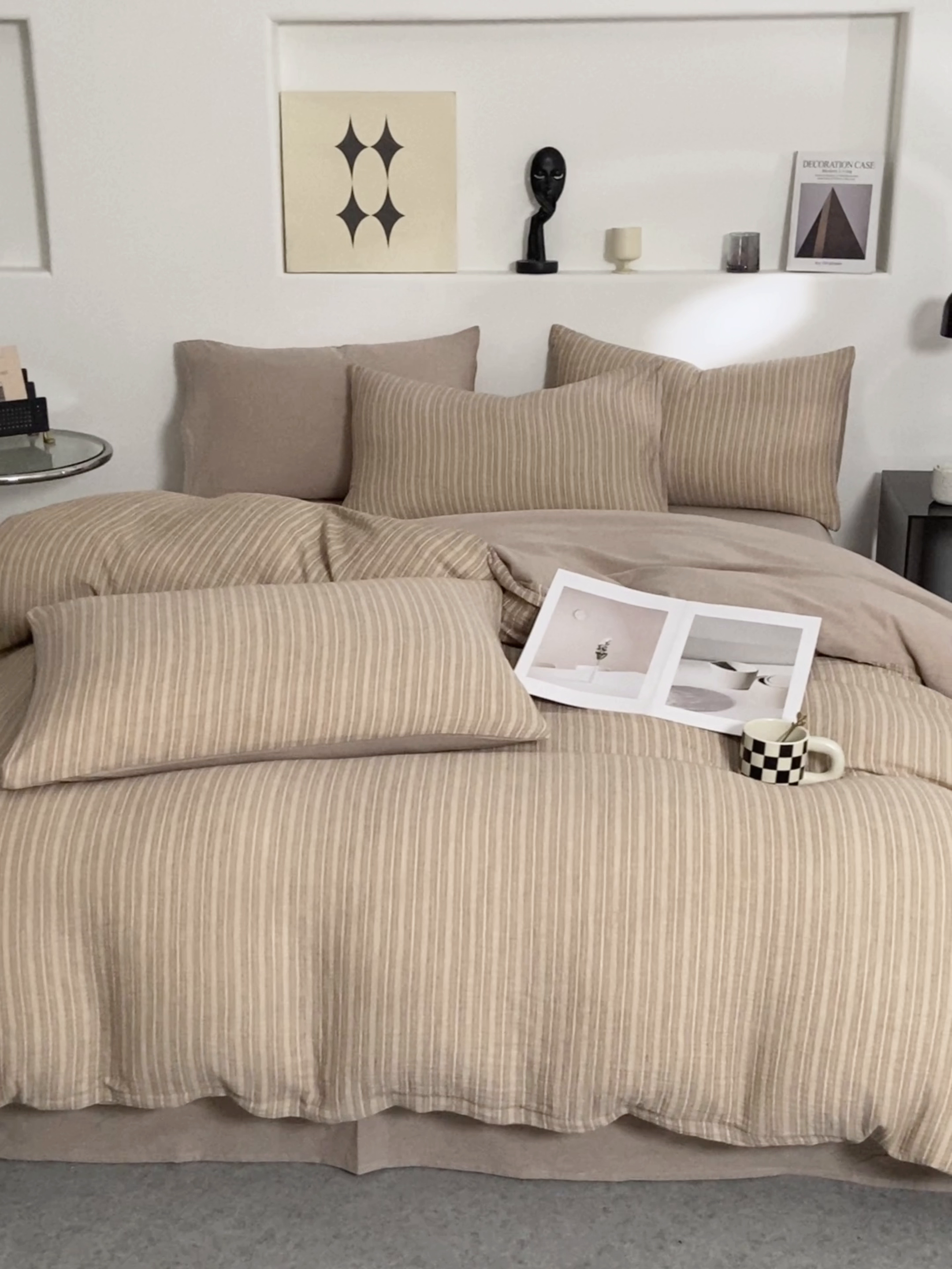 91家纺网 家纺一手货源 找家纺 AB家纺 2025新款三层款皱皱纱条纹四件套 小半-奶茶棕