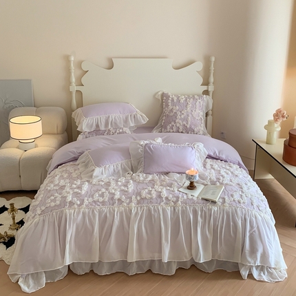 91家纺网 家纺一手货源 找家纺 （总）吾欢心2025新款 A类糯小棉立体绣花雪纺花边四件套（玫瑰故事系列）