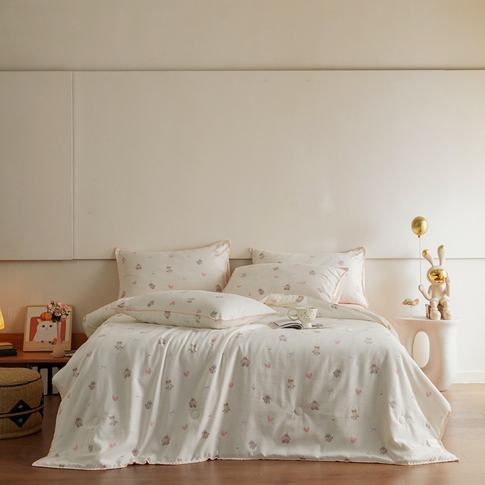 91家纺网 家纺一手货源 找家纺 暖阳 2025年新款大豆双层纱夏被四件套 美娜