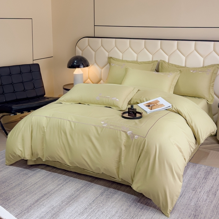 91家纺网 家纺一手货源 找家纺 U品汇  2025新款纯棉全棉长绒棉刺绣绣花高端礼盒四件套-叶夕 花晨叶夕-浅豆绿