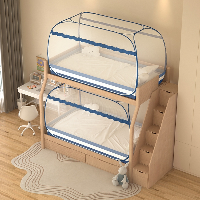 91家纺网 家纺一手货源 找家纺 青竹苑2025新款大顶学生蒙古包子母床魔术蚊帐 条纹蓝单门