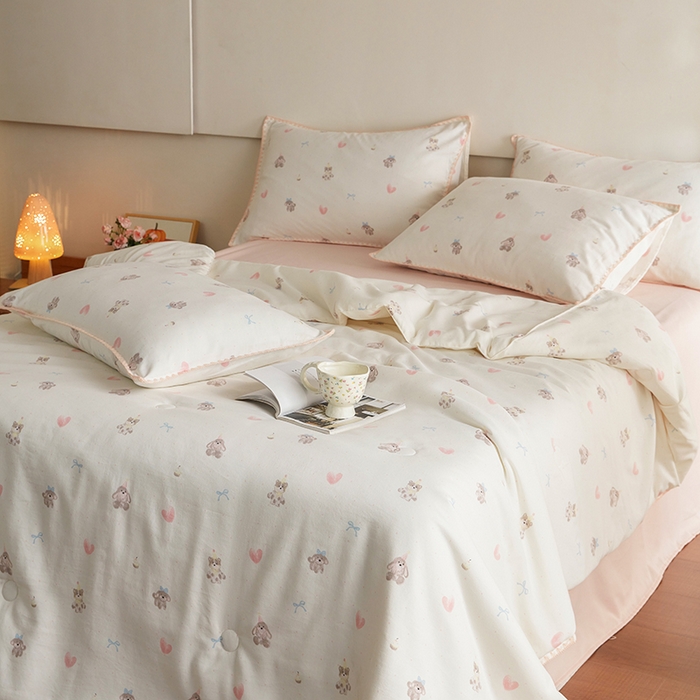 91家纺网 家纺一手货源 找家纺 暖阳 2025年新款大豆双层纱夏被四件套 美娜